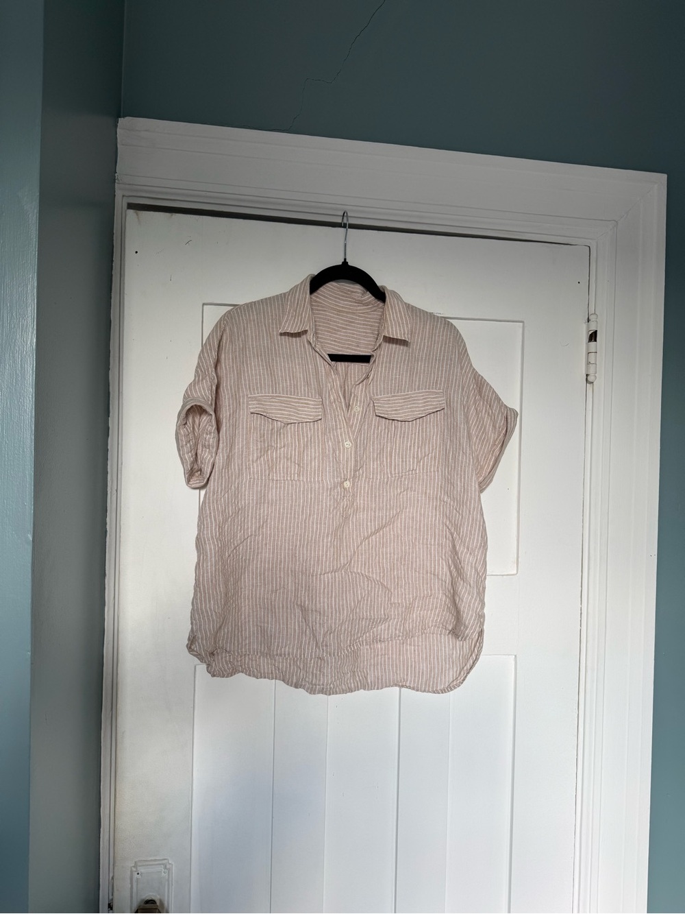 Baird McNutt for J. Crew 100% Linen Beige & White Stripe Women's Shirt